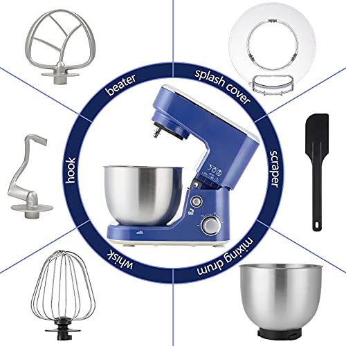 CUSIMAX 5-Quart Stainless Metal Bowl Stand Mixer, Tilt-Head Electrical Kitchen Mixer with Dough Hook, Mixing Beater, Whisk, and Splash Guard in Blue