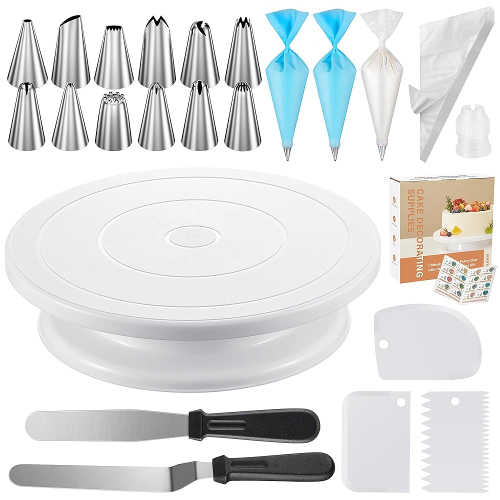 Kootek 71-Piece Cake Adorning Provides Set with Rotating Cake Stand, 12 Numbered Piping Ideas, 2 Spatulas, 3 Icing Combs, 50+2 Piping Luggage, and 1 Coupler