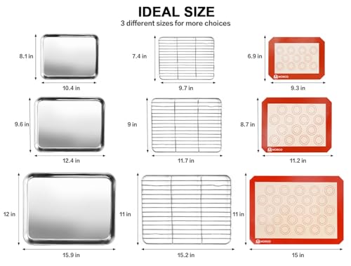 Set of 9 Stainless Metal Baking Sheets with Cooling Racks and Silicone Mats - Consists of 3 Cookie Pans (10/12/16 Inch) for Simple Cleansing